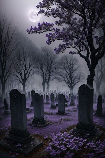 Cemetery with fog graves purple trees and purple leaves on the ground | Premium AI-generated image Aesthetic Cemetery, Aesthetic Graveyard, Leaves On The Ground, Binding Paper, Purple Leaves, Imagination Art, Dark Fairytale, Purple Trees, Creative Graphics