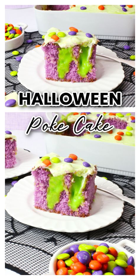 Halloween Poke Cake Halloween Poke Cake Recipes, Halloween Dump Cake, Fall Poke Cake, Halloween Poke Cake, Cake Poke, Work Treats, Halloween Cakes Easy, Dip Recipes Appetizers, Fun Dessert