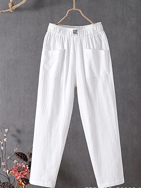 Women's Linen Pants Chinos Pants Trousers Cotton Black White Red Mid Waist Fashion Work Casual Weekend Side Pockets Micro-elastic Ankle-Length Comfort Solid Color M L XL XXL 3XL 2023 - US $26.99 White Linen Trousers, Chino Pants Women, Womens Chinos, Wide Trousers, Elegant Blouses, Linen Pants Women, Casual Design, Vestido Casual, Linen Trousers