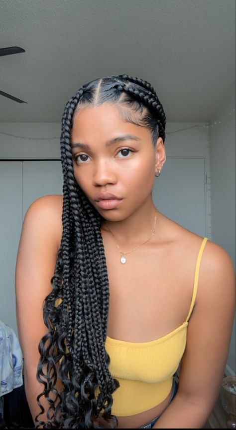 Knotless Braids With Curly Ends Shoulder Length, Easy Braid Styles For Black Women, Large Knotless Braids With Curly Ends, Boxbraids Hairstyle, Bohemian Box Braids, Hairstyles Cute, Short Box Braids, Big Box Braids Hairstyles, Jumbo Box Braids