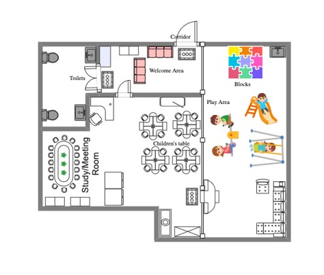 An infant classroom should be laid out for maximum engagement as babies are actively exploring their environment. The furniture should be sturdy and comfortable, and the arrangement should facilitate interaction between both children and adults. Space dividers should be used to provide focus areas for activities, play areas, nap times, and meal times. Day Care Center Design Floor Plans, Kindergarten Layout Plan, Kids Center Design, Kindergarten Design Plan, Montessori Interior, Playschool Interiors, Infant Classroom Layout, Daycare Center Layout, Small Preschool Classroom Layout