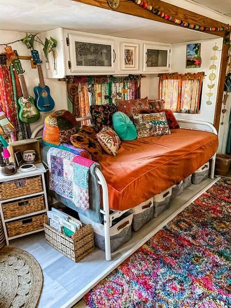 Boho Rv Interior Diy, Camper Renovation Living Room, Hippy Rv Interior, Camper Living Tips, Camper House Ideas, Eclectic Rv Interior, Boho Camper Decor Travel Trailers, Tiny Rv Living, Bohemian Rv Remodel