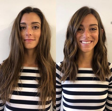 Lob Haircut Before And After Long Bobs, Long Mid Haircut, Women’s Medium Long Haircut, Hair For Moms In Their 30s, Long Bob Mom Haircut, Midlength Haircuts With Side Part, Long Lob Brunette, Collarbone Length Hair Thick Wavy, Easy Long Haircuts For Moms