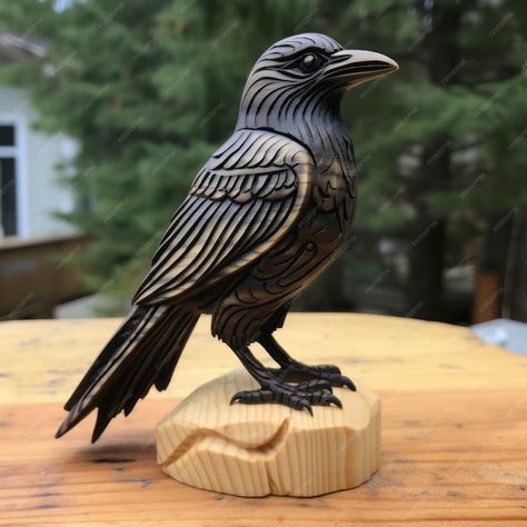 Premium Photo | Handmade Wood Carving Of A Raven With Engraved Ornaments Raven Wood Carving, Wood Sculpture Ideas, Raven Carving, Raven Sculpture, Carving Animals, Magpie Art, Simple Wood Carving, Engraved Ornaments, Wooden Words