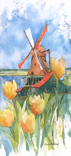 Annelein Beukenkamp, Tulips Watercolor, Windmill Art, Holland Art, Dutch Windmills, Watercolor Landscapes, Watercolor Pictures, High Key, Watercolor Ideas