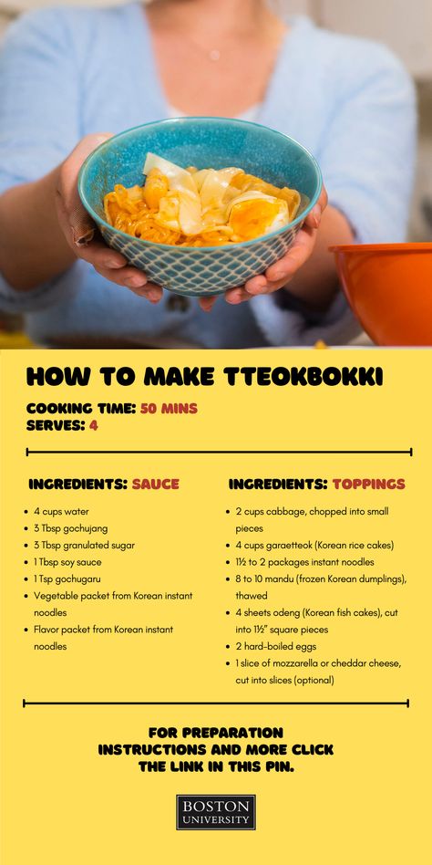 Learn how to prepare tteokbokki a popular Korean street food with this easy to follow recipe from Sophie Lee (Questrom’22). Korean Fish Cake, Korean Instant Noodles, Tteokbokki Recipe, Korean Dumplings, Korean Rice Cake, Korean Rice, Spicy Korean, Black Bean Sauce, Korean Street Food