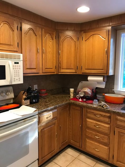 Easy Diy Kitchen Cabinet Makeover, Update Cabinet Doors Diy, Resurface Cabinet Doors, Diy Cabinet Update, Updated Old Kitchen Cabinets, How To Restrain Kitchen Cabinets, Old Cabinets Repurposed, Cabinet Reface Before And After, Repaint Old Kitchen Cabinets