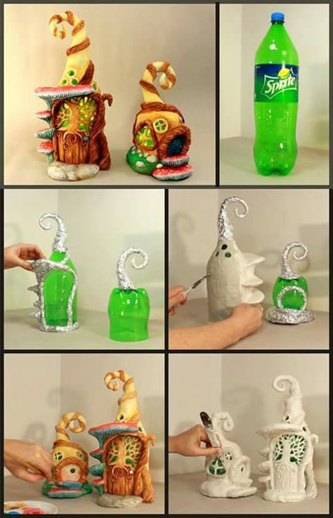 Plastic Bottle Fairy House Diy, Plastic Bottle Fairy House, Diy Fairy House From Plastic Bottles, Clay Fairy House Bottle, Fairy House Bottle Art, Diy Soda Bottle Crafts, Plastic Pop Bottle Crafts, Mini Plastic Bottle Crafts, Fairy Bottles Diy