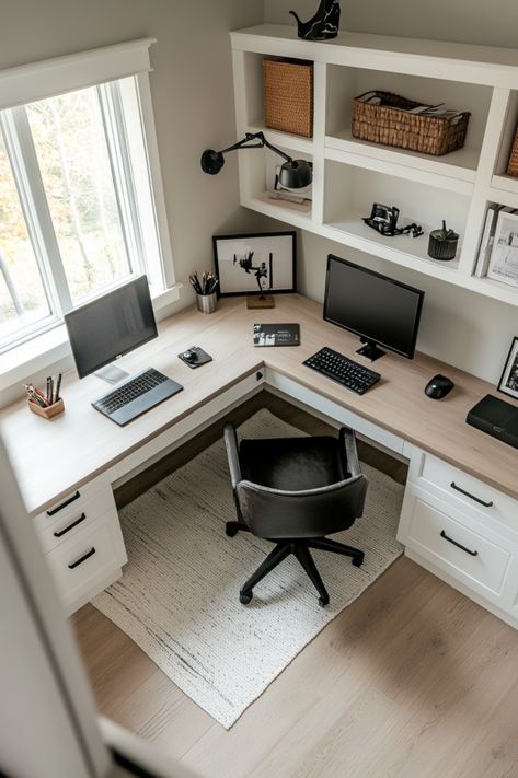 L Shaped Desk Layout Modern Executive Desk L Shape, Office With T Shaped Desk, Small Office With Corner Desk, Home Office Workstation Ideas, Small Home Office L Shaped Desk Layout, Bedroom With L Shaped Desk, Work And Gaming Desk Setup, L Shaped Desk Office Ideas, His And Her Home Office Ideas