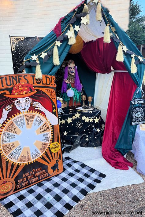 Fortune Teller Box Diy, Fortune Teller Halloween Scene, Psychic Trunk Or Treat, Fortune Teller Booth Ideas, Fortune Teller Table Decorations, Plus Size Fortune Teller Costume Diy, Fortune Teller Party Ideas, Fortune Teller Sign Diy, Fortune Teller Halloween Decor