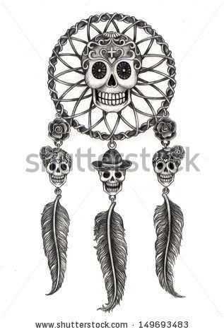 Art skull dream catcher day of the dead. Hand drawing on paper. by Jiewsurreal, via Shutterstock Skull Dream Catcher, Bears Tattoo, Dream Catcher Drawing, Skull Coloring, Dream Catcher Tattoo Design, Skull Girl Tattoo, Dead Hand, Dream Catcher Art, Dream Catcher Tattoo