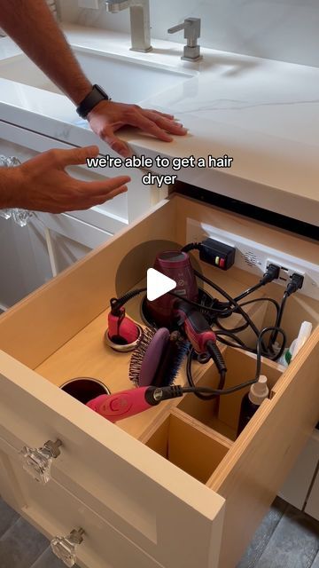 Docking Drawer™ on Instagram: "Tired of tangled cords? Docking Drawer has got your back! 

Keep your hair tools powered up and your space clutter-free. 🙌💫 

Docking Drawer Blade Series outlets can be easily installed into vanity drawers of any type using only basic power tools. 🔌 Create a powered styling drawer or pull-out organizer to safely power and stow hair dryers, hot tools, electric toothbrushes, shavers, and more. 

⚡️ Designed specifically for use inside of a drawer, our outlets come with interlocking safety features that cut power when surrounding temperatures exceed set standards. They’re also ETL-listed for use in the US & Canada.

#vanity #bathroom #bathroomremodel #bathroomorganization #vanitydrawer #drawer" Bathroom Appliance Storage, Blow Dryer Drawer, Diy Hair Dryer Storage, Hair Care Drawer, Make Up Organization Ideas Drawers, Bathroom Vanity All Drawers, Hair Drawer Organization, Hair Dryer Drawer, Vanity Drawer Organization