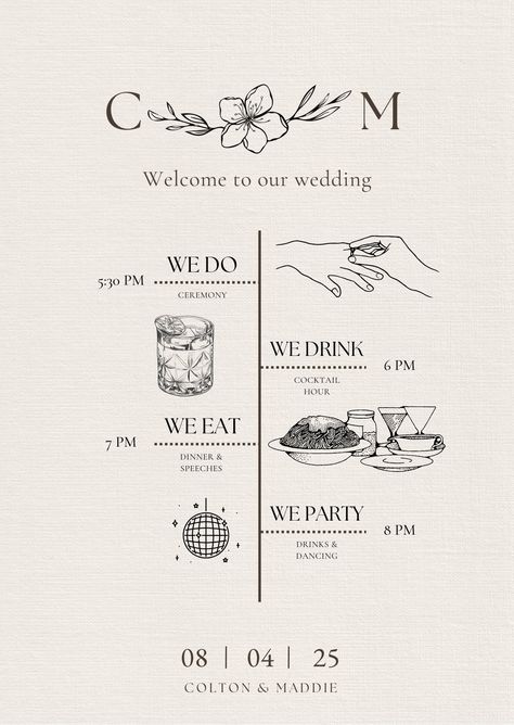 Let your guests know the wedding schedule with this beautiful handout! Wedding Itenary Ideas, Wedding Itinerary Examples, Wedding Programme, Wedding Ideas 2025, Wedding Needs, Wedding Game, Wedding Plan, Evening Wedding Itinerary, 4:00 Wedding Timeline