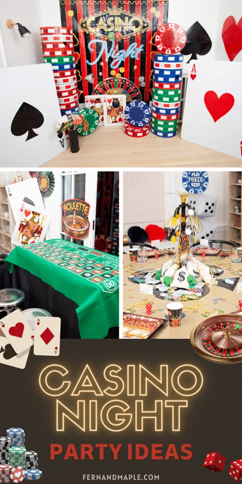 Diy Casino Games How To Make, Classy Poker Party, Casino Theme Party Games Poker Night, Home Casino Party, Casino Night At Home Parties, Homemade Casino Games, 20s Casino Theme Party, 50th Birthday Party Ideas For Men Casino Theme, Card Game Birthday Party Ideas