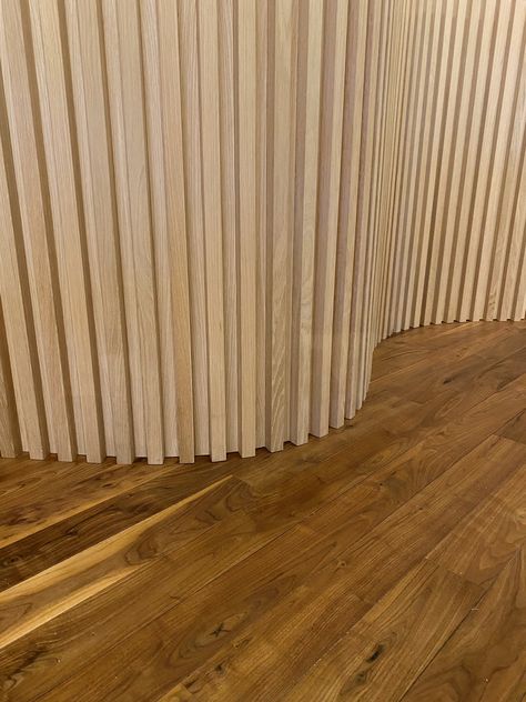 Our custom slat wood wall panels are now available on a curved backer. Our wall panels create a modern alternative to traditional wood paneling, bringing warmth and texture to any space. #customwoodwall panels #curvedwallpanels #slatwalls Wood Wall Panel, Flexible Wood, Wooden Panelling, Wood Slat Wall, Veneer Panels, Wooden Wall Panels, Into The Wood, Plywood Panels, Curved Wood