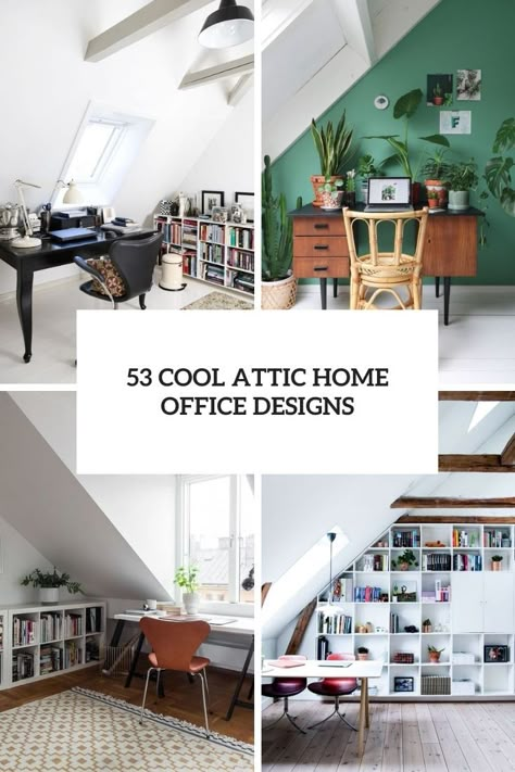 Small Attic Ideas Low Ceilings Office, Attic Interior Design Small Spaces, Bookshelves In Attic Room, Slanted Ceiling Desk Ideas, Home Office In Attic Space, Home Office Loft Design, Attic Working Space, Home Office Ideas Slanted Ceiling, Small Office Slanted Ceiling