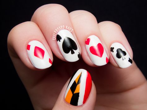 Turns out, this one is surprisingly easy to do! Off With Their Heads! Queen of Hearts Nail Art Alice In Wonderland Gel Nails, Alice In Wonderland Nails Easy, Deck Of Cards Inspired Outfits, Disney Villains Nails, Disney Villain Nails, Hearts Nail Art, Alice In Wonderland Nails, Chalkboard Nails, Queen Nails