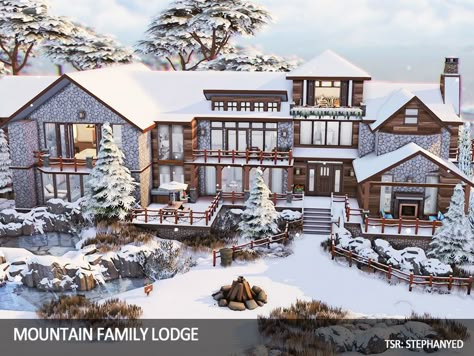 The Sims Resource - Mountain Family Lodge Sims 4 Mountain Lodge, Sims 4 Ski Resort, Sims 4 Ski Lodge, Sims 4 Lodge, Sims 4 Mountain House, Sims 4 Winter House, Sims 4 Twilight, Homes Bloxburg, Mountain Mansion