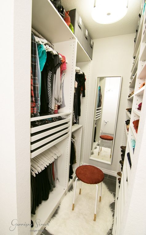 Small Walk-In Closet PAX Big Storage | Garrison Street Design Studio 5ft Wide Walk In Closet, Closet Measurements Guide, Slim Walk In Closet, Ikea Pax Small Walk In Closet, Small Pax Closet, Small Walk In Closet Decor, Small Bedroom With Walk In Closet, Small Closet Decor, Very Small Walk In Closet Ideas