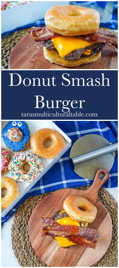 Donut Smash Burger on a wooden board with a box of doughnuts in the background. Cheeseburger Recipes Homemade, Easy Burger Recipes, Cheeseburger Recipes, Recipes For Ground Beef, Homemade Burger Recipe, Smash Burger Recipe, Easy Burger Recipe, Stuffed Burgers, Steak Burgers