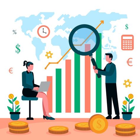 Stock market analysis illustration with ... | Free Vector #Freepik #freevector Market Research Illustration, Stock Market Project Cover Page, Stock Market Illustration, Business Studies Project Ideas, Stock Market Wallpaper, Marketing Wallpaper, Analysis Illustration, Stock Market Poster, Advertising Ideas Marketing