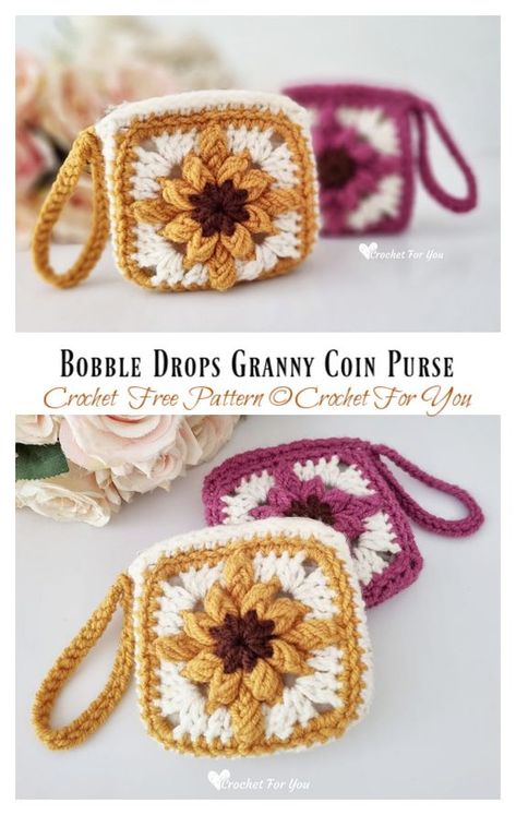 Bobble Drops Granny Coin Purse Crochet Free Pattern - Crochet & Knitting Granny Square Coin Purse, Crochet Change Purse, Granny Square Handbag, Coin Purse Crochet Pattern, Granny Square Purse, How To Crochet For Beginners, Purse Patterns Free, Coin Purse Pattern, Square Handbag