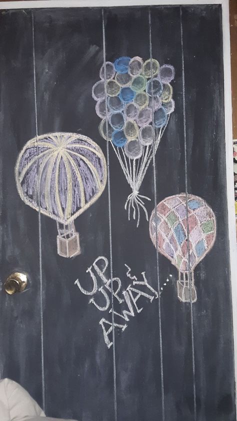 Hot air balloons.  Chalkboard art Summer Chalkboard Art, Summer Chalkboard, Chalkboard Decor, Chalkboard Ideas, Chalkboard Wall, Hot Air Balloons, Chalkboard Art, Air Balloons, Chalk Art