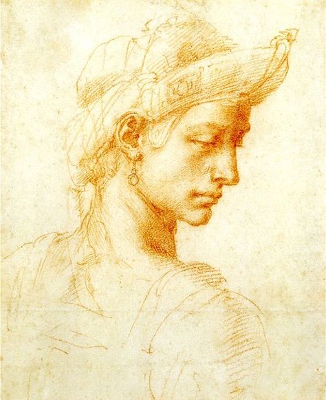 Head of a Young Man (?) by Michelangelo, ca. 1516, red chalk, 8 x 6 1/2. Collection Ashmolean Museum, Oxford, England. “This drawing suggests the influence of Leonardo,” says Rubenstein. “It’s more tonal and delicate than many of his other drawings.” Drawing Of A Woman, Print Drawing, Master Drawing, Old Master, Painting Edges, Western Art, Portrait Drawing, Figure Drawing, Great Artists