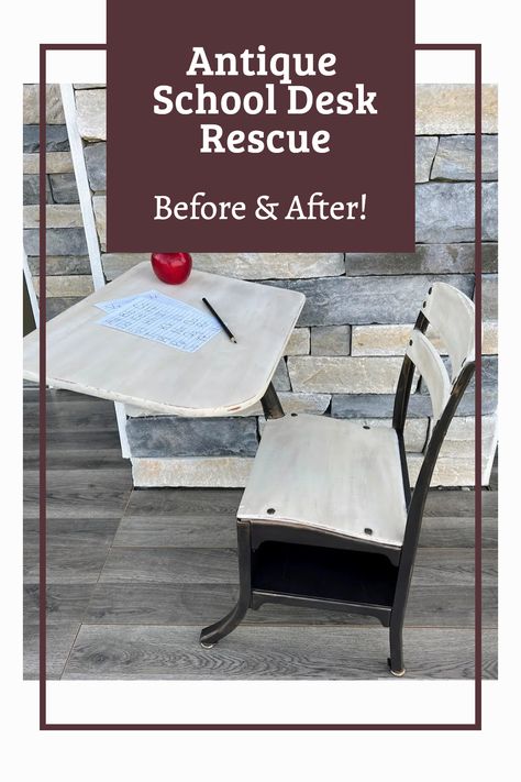 This old school desk that came from my mom's elementary school was in rough shape after many years of use. It was so bad that it wasn't safe for my granddaughter to play with it as it was. Rather than keep it packed away, I gave it a makeover to cover the rust and smooth the sharp edges of broken veneer. Visit the post to see how I rescued it. 🍎 📚 Vintage School Desk Makeover, School Desk Redo, School Desk Makeover, Old School Desk, Antique School Desk, Desk Redo, Old School Desks, Vintage School Desk, Dixie Belle Paint Company