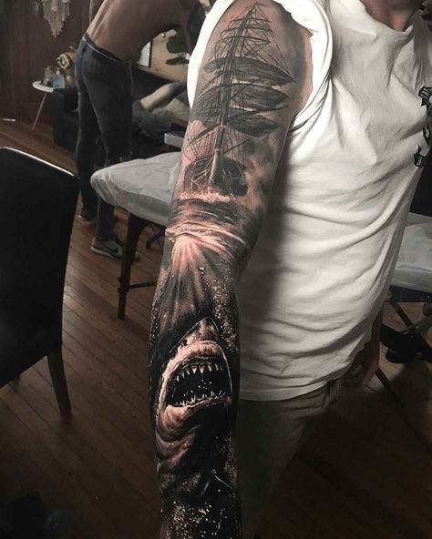 Shark tattoos Sea Tattoo Sleeve, Ship Tattoo Sleeves, Hai Tattoo, Pirate Ship Tattoos, Underwater Tattoo, Ocean Sleeve Tattoos, Nautical Tattoos, Nautical Tattoo Sleeve, Bird Tattoos For Women