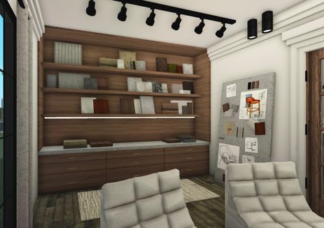 Custom Desk Bloxburg, Bookshelf Bloxburg, Office Bloxburg Ideas, Bloxburg Furniture Ideas, Bloxburg Penthouse, Bloxburg Office Ideas, Bloxburg Office, Bloxburg Apartment, Bloxburg School