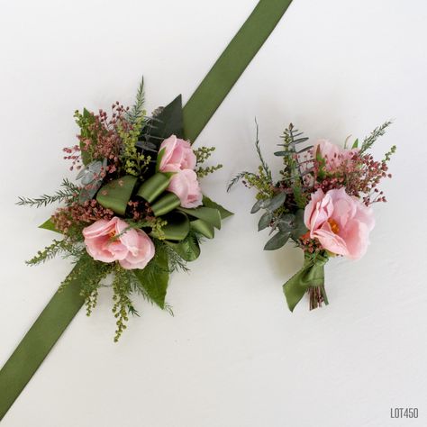 Prom Corsage Diy, Pin On Corsage, Diy Wrist Corsage, Prom Flowers Bouquet, Pink Boutonniere, Wrist Corsage Prom, Prom Corsage And Boutonniere, Diy Corsage, Dyed Flowers