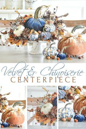 VELVET AND CHINOISERIE PUMPKINS AND A $200.00 GIVEAWAY Create one spectacular fall arrangement this year and use velvet pumpkins and a bit of chinoiserie! Fall does not always mean using orange! #fall #pumpkins #chinoiserie #velvetpumpkins #falldecor #falldecorating #lovefeastshop #hotskwash #falldecorinso Velvet Pumpkins Centerpiece, Decorating With Velvet Pumpkins, Blue And Orange Fall Centerpiece, Chinoiserie Fall Tablescape, Blue And White Chinoiserie Fall Decor, Velvet Pumpkin Tablescape, Chinoiserie Fall Decorating, Unique Centerpiece Ideas, Diy Velvet Pumpkins