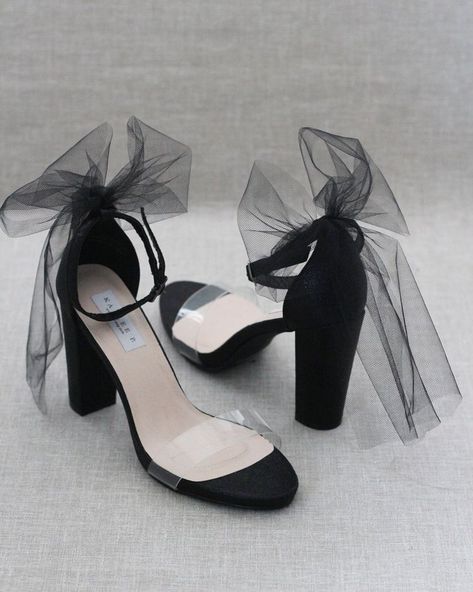 Evening Shoes Elegant, Quince Heels, Woman Footwear, Prom Shoes Black, Black Heels With Bow, Cute Black Heels, Tulle Bow, Shoes Heels Classy, Tulle Bows