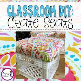 Crate stools: the perfect combination of extra seating and much needed storage. This easy DIY project will brighten up your classroom décor and aid your classroom organization. Crate Seats Classroom, Classroom Library Seating, Crate Seating, Crate Stools, Library Seating, Crate Seats, Classroom Diy, Alternative Seating, Diy Crate