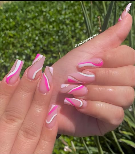 Pink Wave Nails, Pink Swirly Nails, Pink Abstract Nails, Wave Nails, Purple Acrylic Nails, Spring Acrylic Nails, Nails Coffin Short, Purple Acrylic, Nails Now