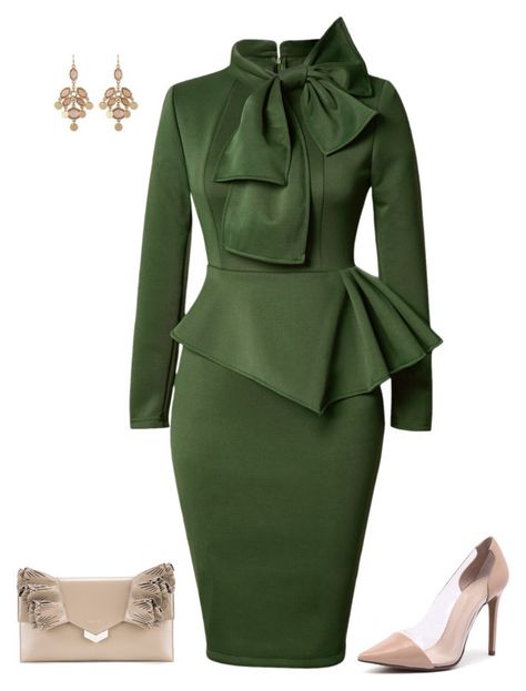 "Rotita Peplum Dress!" by brandena on Polyvore featuring Siren and Jimmy Choo Green Sheath Dress, Olive Green Midi Dress, Peplum Midi Dress, Green Long Sleeve Dress, Chique Outfit, Army Green Dress, White Sheath Dress, Long Sleeve Cotton Dress, Mode Tips