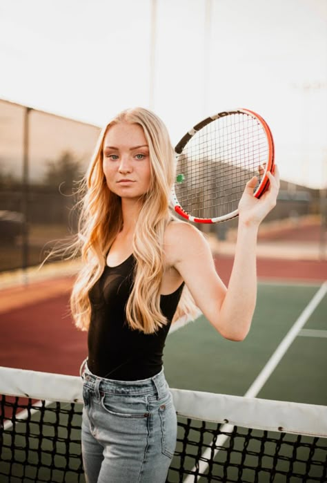 Tennis Court Senior Pictures, Tennis Senior Banner Poses, Tennis Photo Ideas, Tennis Senior Photos, Tennis Media Day Poses, Tennis Poses Photo Ideas, Tennis Pictures Poses, Tennis Portraits, Tennis Photoshoot Ideas