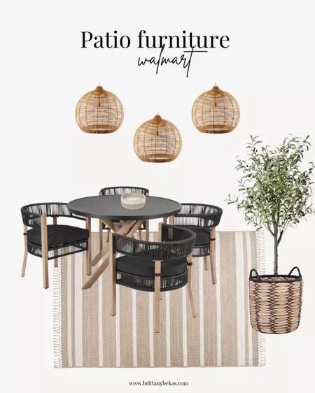 Outdoor Rug Under Patio Dining Table, Modern Boho Patio Furniture, Outdoor Rug With Black Patio Furniture, Article Outdoor Furniture, Tulum Outdoor Decor, Black Patio Furniture Ideas, Boho Deck Decor, Small Patio Table And Chairs, Patio Furniture Boho