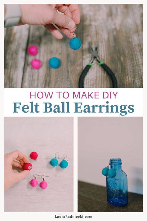 Learn how to make felt ball earrings in this easy craft tutorial. All you need are felt balls, earring backs, and glue! Felt Necklace Diy Tutorials, Needle Felt Balls, Scarfs Ideas, Felt Earrings, Diy Necklaces Tutorial, Felted Earrings, Ball Jewelry, Felted Jewelry, Diy Jewellery Designs