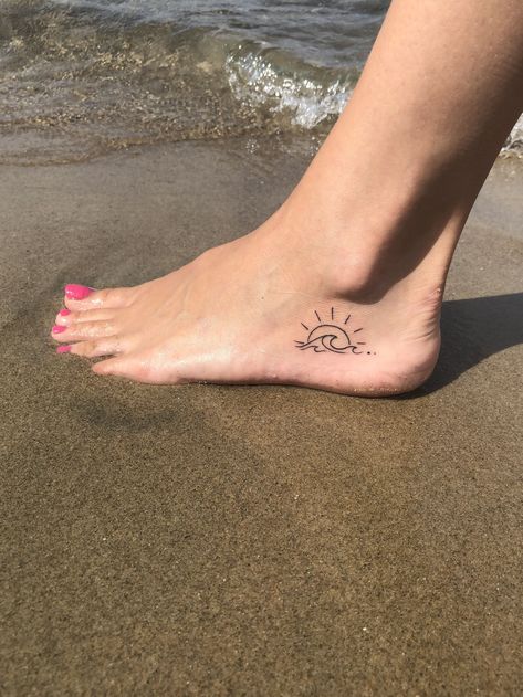 Beach Small Foot Tattoo #smalltattoo #tattoosforwomen Sunset And Beach Tattoo, Sunset Beach Tattoo, Beach Related Tattoos, Beach Sunset Tattoo, Calm Tattoo Ideas, Faith Foot Tattoos, Small Foot Tattoo, Foot Tattoo Ideas, Small Beach Tattoos