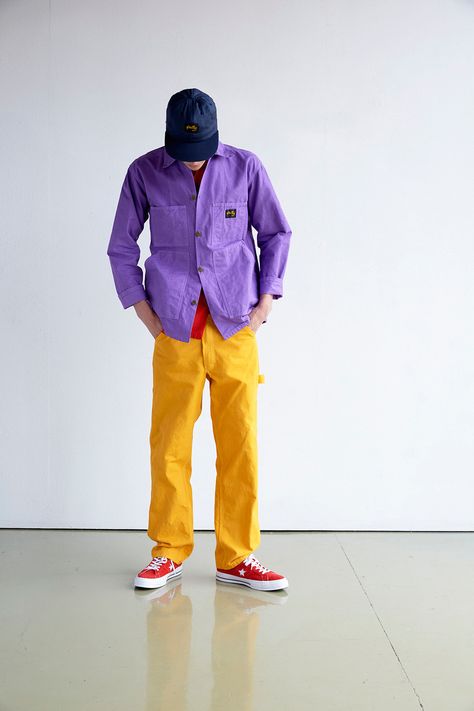 Stan Ray Spring/Summer 2019 Lookbook Collection Shirts Hoodies Jackets Tees T-Shirts Dungarees Overalls Jeans Trousers Pants Patagonia Miles Johnson Bright Pants Outfit, Miles Johnson, Colorful Outfits Men, Colorful Mens Fashion, Man Styling, Masc Style, Hotel Shoot, Trousers Outfit Men, Bright Clothing