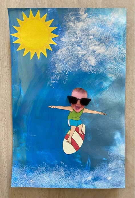 Surf Board Craft Preschool, Boat Handprint Art, Beach Preschool Activities Art Projects, Surfboard Crafts For Kids, Surfboard Craft Preschool, Beach Theme Infant Art, Surfboard Craft, Beach/ocean Preschool Activities, Summer School Crafts