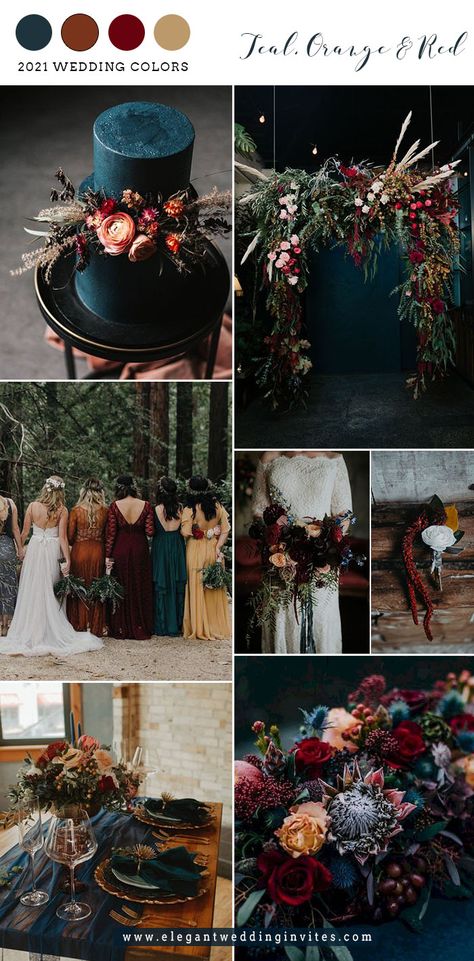 Dark Teal Burgundy Gold Wedding, Black Red Teal Wedding, Cozy Chic Wedding Colors, Purple And Burgundy Christmas Decor, Moody Boho Fall Wedding, Black And Fall Wedding, Dark Color Wedding Dresses, Maroon Champagne Rose Gold Dark Teal Wedding, Dark Teal And Yellow Wedding