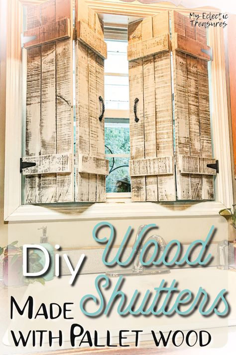 Shed Window Coverings, Diy Farmhouse Shutters Indoor, Diy Shutters Exterior Wood, Pallet Window Shutters, How To Make Shutters, Pallet Doors Ideas, Diy Shutters Indoor, Shed Window Ideas, Diy Wooden Shutters