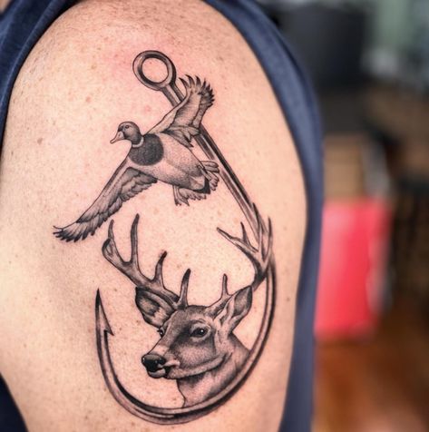 Hunting Fishing Tattoo Ideas, Men Tattoo Ideas Hunting, Cool Hunting Tattoos, Tattoos Under 100 Dollars, Deer And Fishing Tattoo, Deer And Fish Tattoo, Deer And Duck Tattoo, Tattoos For Outdoorsman, Tattoo Ideas For Outdoorsmen