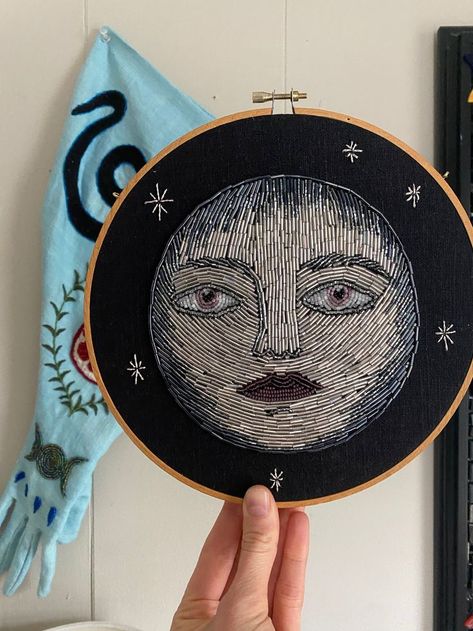 Boygenius Embroidery, Pagan Embroidery, Goddess Embroidery, Clothing Recycling, Beaded Pictures, Beaded Moon, Embroidered Moon, Tessa Perlow, W.i.t.c.h Art