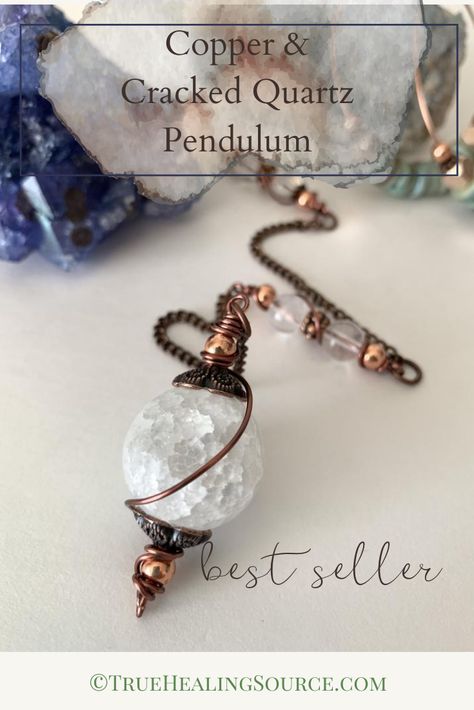 This beautiful Crystal + Copper dowsing pendulum is hand crafted with cracked agate (20mm), crystal quartz, copper beads/chain & measures 11 inches long. With the right method, a bit of practice and a neutral state of mind, you can use a pendulum to test a variety of things for your Optimal Health & well being. You can use your dowsing pendulum to test your nutritional needs, food sensitivities, vitamins + supplements, dietary items best for your weight loss and toxin frequencies. Pendulum Diy, Pendulum Display, Wire Wrapped Pendulum, Using A Pendulum Crystals, Diy Pendulum, Metal Jewelry Diy, Spiritual Necklaces, Crystal Pendulum How To Use, Working With A Pendulum