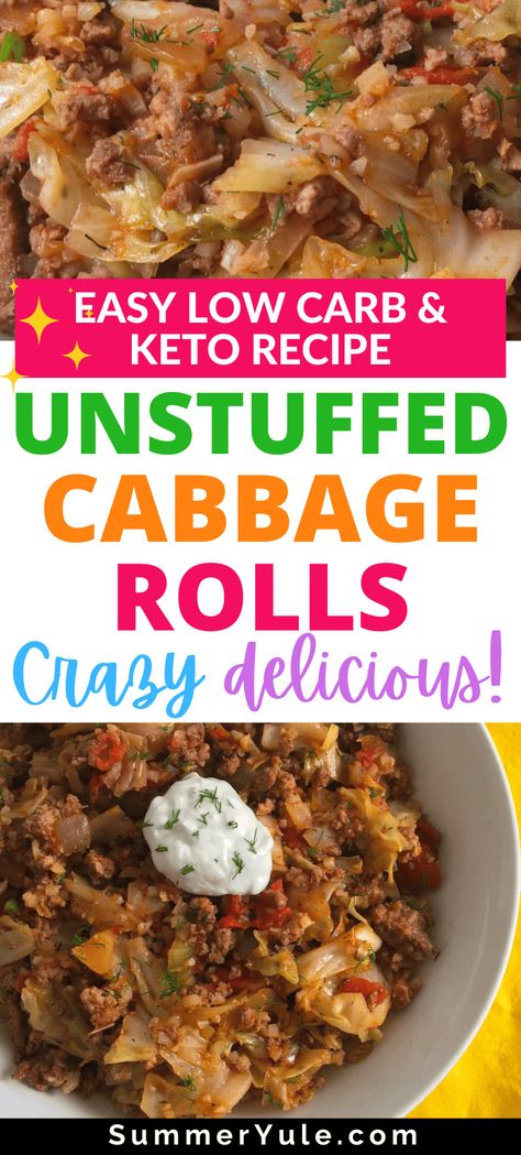 How do you make unrolled cabbage rolls? It’s easy! Try my low carb and keto unstuffed cabbage rolls recipe for an easy weeknight meal. This is the perfect recipe for when you want all of the flavors of a cabbage roll without all of the work! Make this one pot cabbage roll casserole with cauliflower rice for a keto diet meal. You’ll love this hearty and satisfying comfort food. #healthyrecipes #keto #lowcarb #glutenfree #cauliflowerrice #cabbagerolls #weightloss #lowcalorie Country Cabbage Rolls, Keto Cabbage Rolls Recipe, Cabbage Keto Recipes, Low Carb Cabbage Recipes, Cabbage Rolls Recipe Easy, Unrolled Cabbage Rolls, Keto Stuffed Cabbage Rolls, Keto Cabbage Casserole, One Pot Cabbage