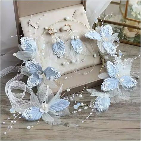 US $6.22 30％ Off | Super Fairy Light Blue Lace Headdress Flower Leaf Headbands Necklace Earrings sets Wedding Bridal Hair Accessories Light Blue Hair Accessories, Soft Blue Wedding, Baby Blue Hair, Lace Hair Accessories, Pastel Accessories, Fairy Things, Blue Hair Accessories, Light Blue Hair, Wedding Bridal Hair